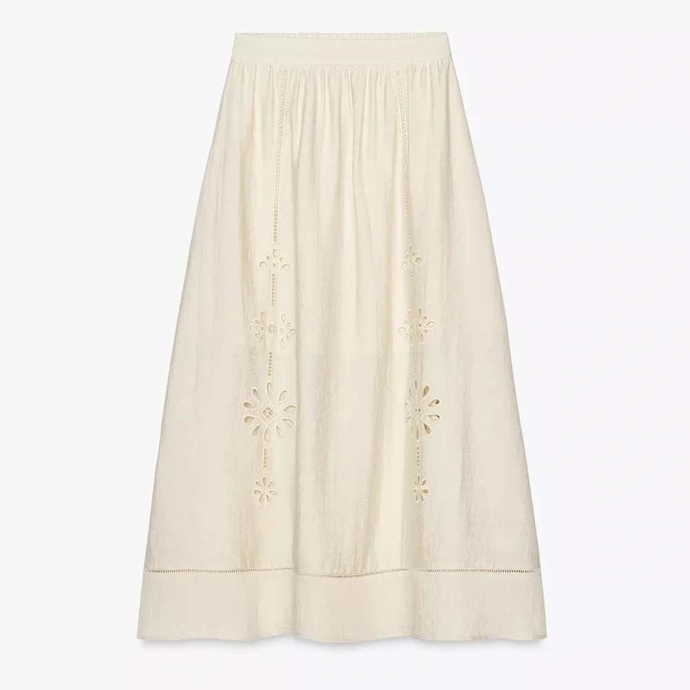 ZARA EMBROIDERED EYELET MIDI SKIRT - Picture 9 of 12